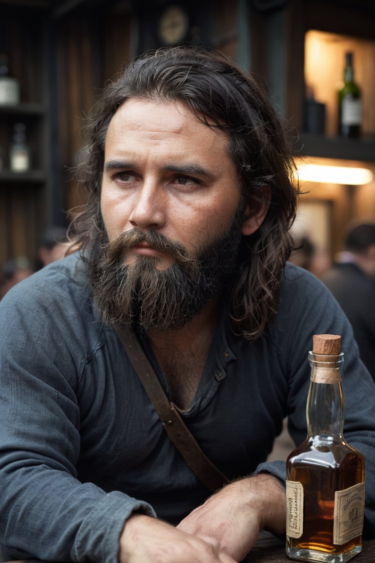 Rugged scruffy weathered old sailor, a portrait of a seaman with a rugged, long hair, ships captain, thick beard, capturing a slightly befuddled expression, he is sitting at the table next to him there is a bottle of whiskey, focus is on his facial expressions and the subtle details like the texture of his long beard and the glint in his eyes, cozy, moody cinematic atmosphere, soft cinematic light, RAW photo, dreamy soft focus, detailed photo, gorgeous, shallow depth of field, bokeh, volumetric lighting, iridescent skin, (surreal:0.4), hyper detailed photorealistic life-like accurate proportional 8k sharp focus, (accurate cinematic lighting), photorealistic detail,cip4rf,dark,low-key,chiaroscuro