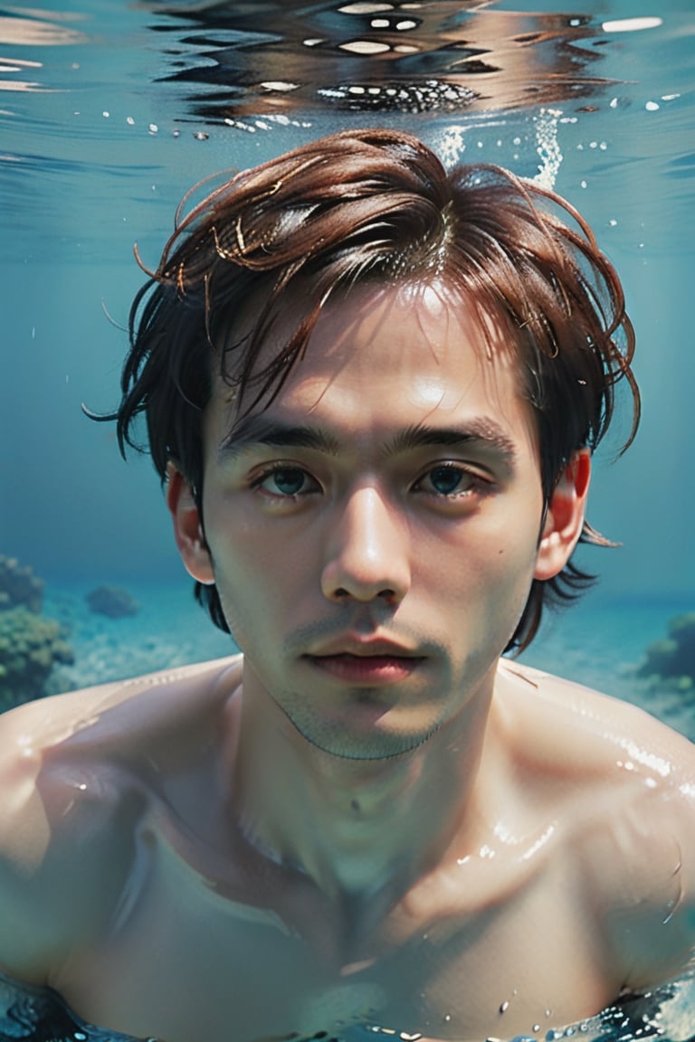 A photo of a 25 year old Asian male, round face, half body, he is submerged underwater swimming, Detailed colorful sea floor, he has beautiful vigorous brown natural hair with bangs, he is light skinned, and beautiful with perfect face and perfect eyes, Perfect expression, he is wearing white see through clothing, he has light colored makeup on, With slick skin, Fishes swimming in background, Award winning photograph with 8K quality, Photorealism, Lush Colors, Tropical, Perfectly clear water, Ultra detailed, Cinematic, 1980's, Retro, Aesthetic, VHS style photo, Subject is looking directly at camera,Extremely Realistic,ice and water,underwater