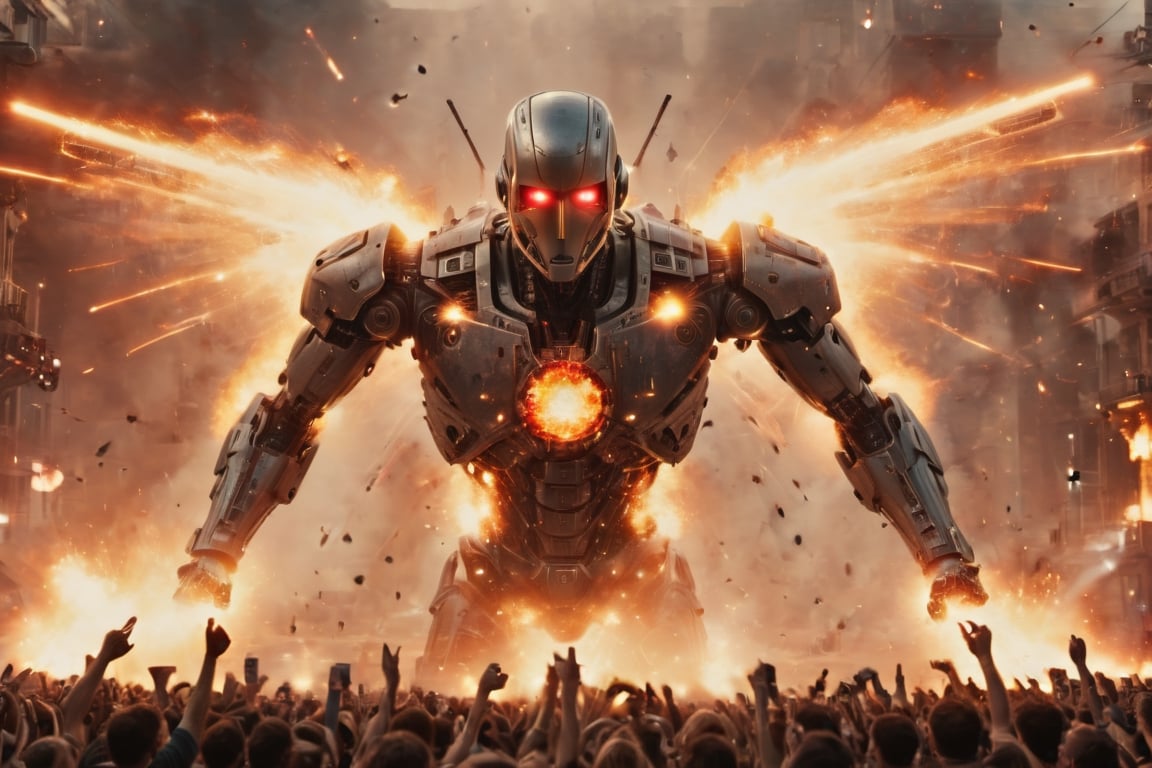 cybord,((masterpiece, best quality)),photo, a robot flying in front of a crowd of people, war, shoots lasers from the chest, nigh blury a crowd people on background, bokeh lens, detailmaster2,robot,detailmaster2,HellAI,Movie Still,Explosion Artstyle