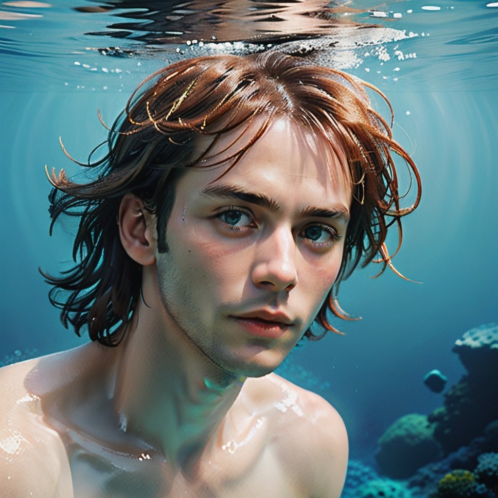 A photo of a 25 year old Scandinavian male, he is submerged underwater swimming, Detailed colorful sea floor, he has beautiful vigorous brown natural hair with bangs, he is light skinned, and beautiful with perfect face and perfect eyes, Perfect expression, he is wearing white see through clothing, he has light colored makeup on, With slick skin, Fishes swimming in background, Award winning photograph with 8K quality, Photorealism, Lush Colors, Tropical, Perfectly clear water, Ultra detailed, Cinematic, 1980's, Retro, Aesthetic, VHS style photo, Subject is looking directly at camera,Extremely Realistic,ice and water,underwater