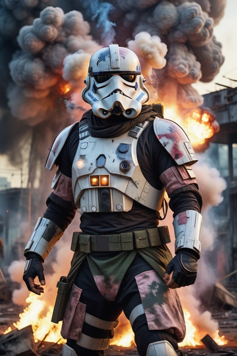 asian [starwars] photo of a [27 yo man], round face, full body, [professional soldier], [camouflage uniform], [defensive position], [smoke and explosions], [galaxy setting], [late afternoon dusk lighting], [high camera angle], [long zoom lens medium format camera], in the style of [Apocalypse Now],cyborg style,detailmaster2,Explosion Artstyle