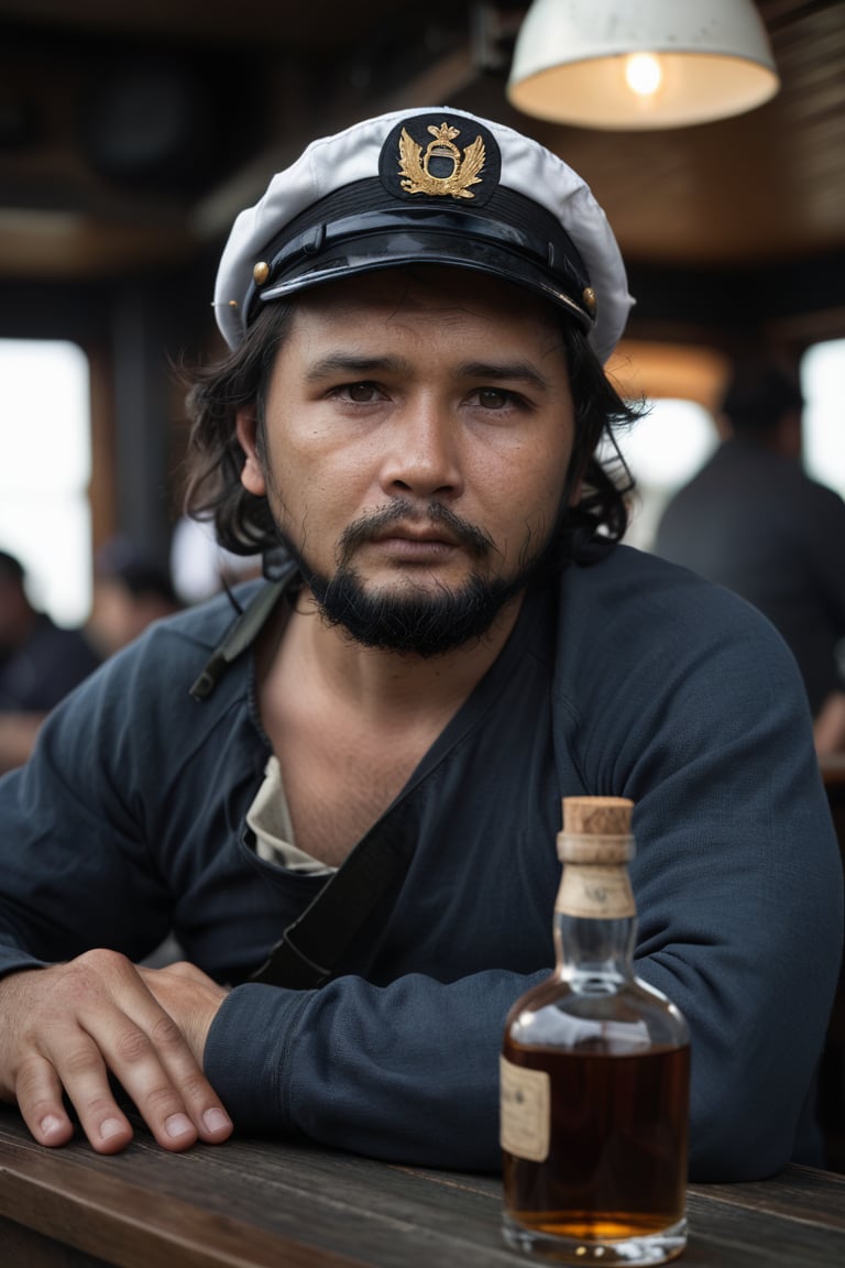 Rugged scruffy weathered old sailor, a portrait of a seaman with a rugged, long hair, ships captain, wearing cap, thick beard, capturing a slightly befuddled expression, he is sitting at the table next to him there is a bottle of whiskey, focus is on his facial expressions and the subtle details like the texture of his long beard and the glint in his eyes, cozy, moody cinematic atmosphere, soft cinematic light, RAW photo, dreamy soft focus, detailed photo, gorgeous, shallow depth of field, bokeh, volumetric lighting, iridescent skin, (surreal:0.4), hyper detailed photorealistic life-like accurate proportional 8k sharp focus, (accurate cinematic lighting), photorealistic detail,cip4rf,dark,low-key,chiaroscuro