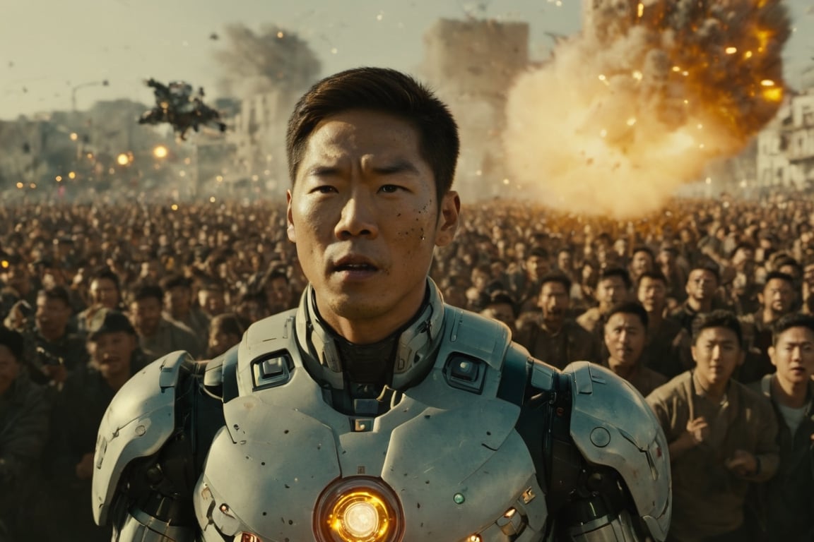 cyborg,((masterpiece, best quality)),photo, a asian guy flying in front of a crowd of people, war, shoots lasers from the chest, night blury a crowd people on background, bokeh lens, detailmaster2,robot,detailmaster2,HellAI,Movie Still,Explosion Artstyle,biopunk style,biopunk