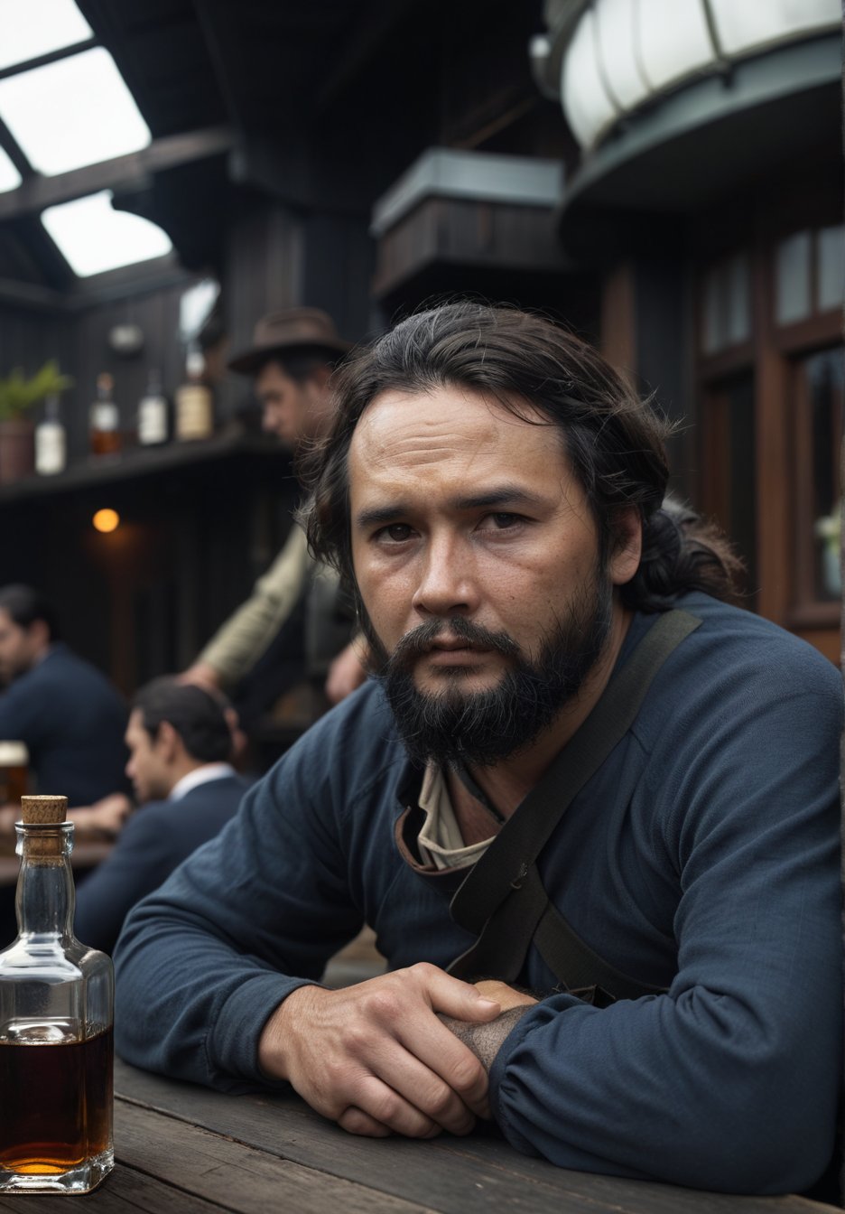 Rugged scruffy weathered old sailor, a portrait of a seaman with a rugged, long hair, ships captain, thick beard, capturing a slightly befuddled expression, he is sitting at the table next to him there is a bottle of whiskey, focus is on his facial expressions and the subtle details like the texture of his long beard and the glint in his eyes, cozy, moody cinematic atmosphere, soft cinematic light, RAW photo, dreamy soft focus, detailed photo, gorgeous, shallow depth of field, bokeh, volumetric lighting, iridescent skin, (surreal:0.4), hyper detailed photorealistic life-like accurate proportional 8k sharp focus, (accurate cinematic lighting), photorealistic detail,cip4rf,dark,low-key,chiaroscuro