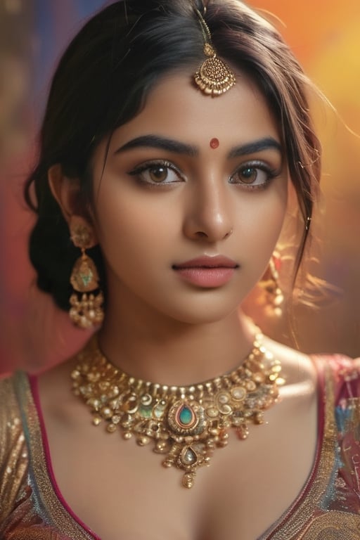 a mid-body shot of a sexy 16 yo Indian girl with huge gigantic boobs and puffy nipples,wearing a golden gemstones studded jewelry, dynamic pose, psychedelic colour background, colourful digital fantasy art, soft film grading, cinematic, 8k highly detailed digital art, beautiful digital artwork, photo real, depth of filed, (high detailed skin:1.2), realistic eyes, 8k UHD,  DSLR,  soft lighting,  high quality,aesthetic portrait, front facing , blur background 