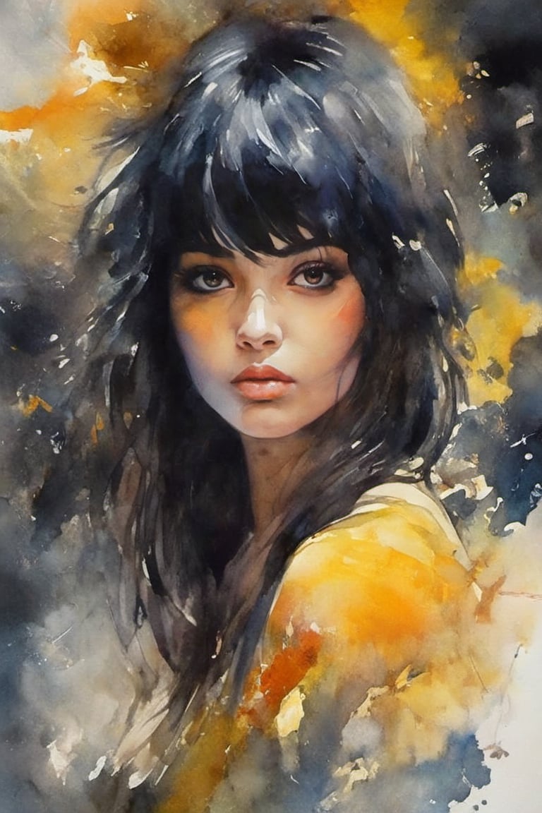  mesmerizing oil-painted in bold strokes, an Indian girl with flowing black hair and accentuated breasts looks into the camera, the face of the girl painted in fine strocks, is depicted in a dark, brooding comic style reminiscent of impressionism. , the artist used dark alcohol-based paints to evoke a disturbing atmosphere. The panel's painting features a vibrant orange,yellow and black background, serving to heighten the mystery of the scene.ighly detailed and captivating composition, whilst maintaining common themes, Panchovilla's art. At 16k resolution, this work of art truly comes to life in the Unreal Engine 5 environment.,ink scenery,Potrait of a girl ,lineart,LineAniAF,watercolor \(medium\),ink 