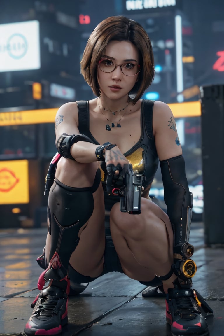 1girl, wulan guritno,  full body portrait, cyberpunk 2077 gameplay, bob_cut, eye glasses, sexy, cinematic lighting, 4k, photorealistic, with shotgun, focused, extreme details, leica 
35mm 2.0 lens, cinematic, masterpiece,j3s1,ded1,wul4n