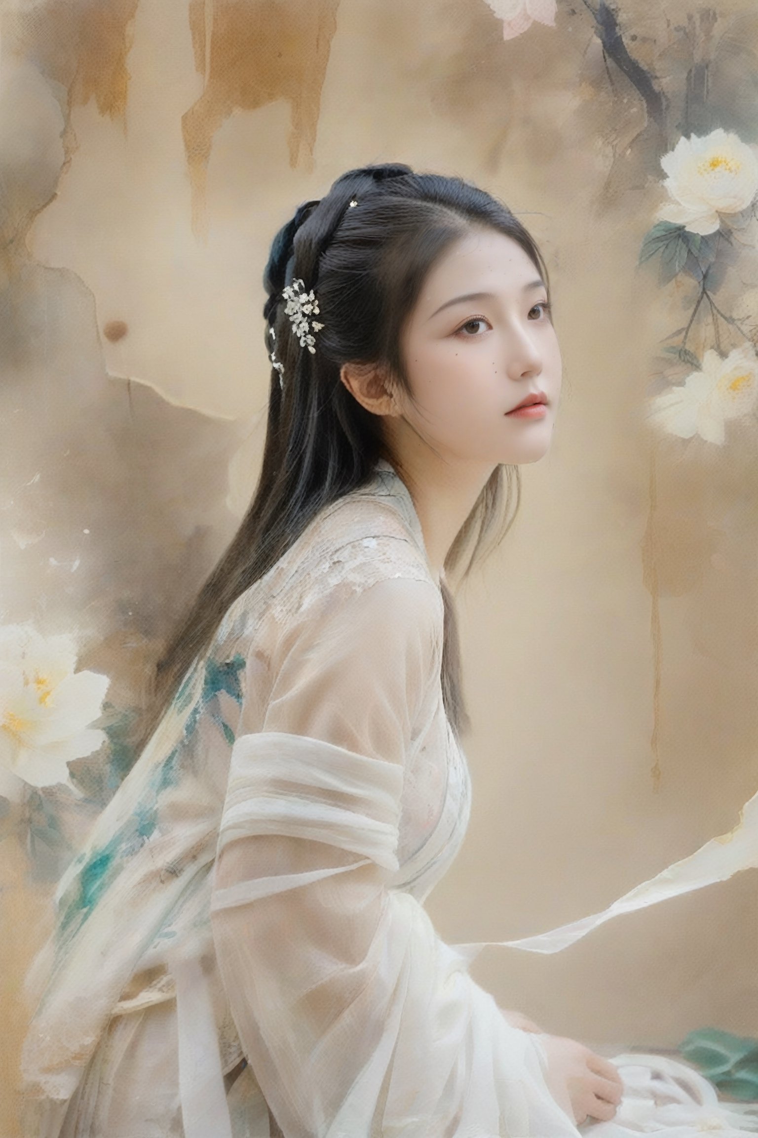 Double exposure and semi transparent image, portrayal of a teen girl, 18 years old from the Romance of the Tang Dynasty, full body portrait, white see through clothes, low cutting, sexy, mountain and  tree paintings background, some white roses petals falling in front of girl slowly,  (chinese watercolor paintings, rice paper), The ink melts,  ink spread, rough Ink strokes, mono tone, image melt 
and mix with paper texture,  cutegirlmix, looking_at_viewer 