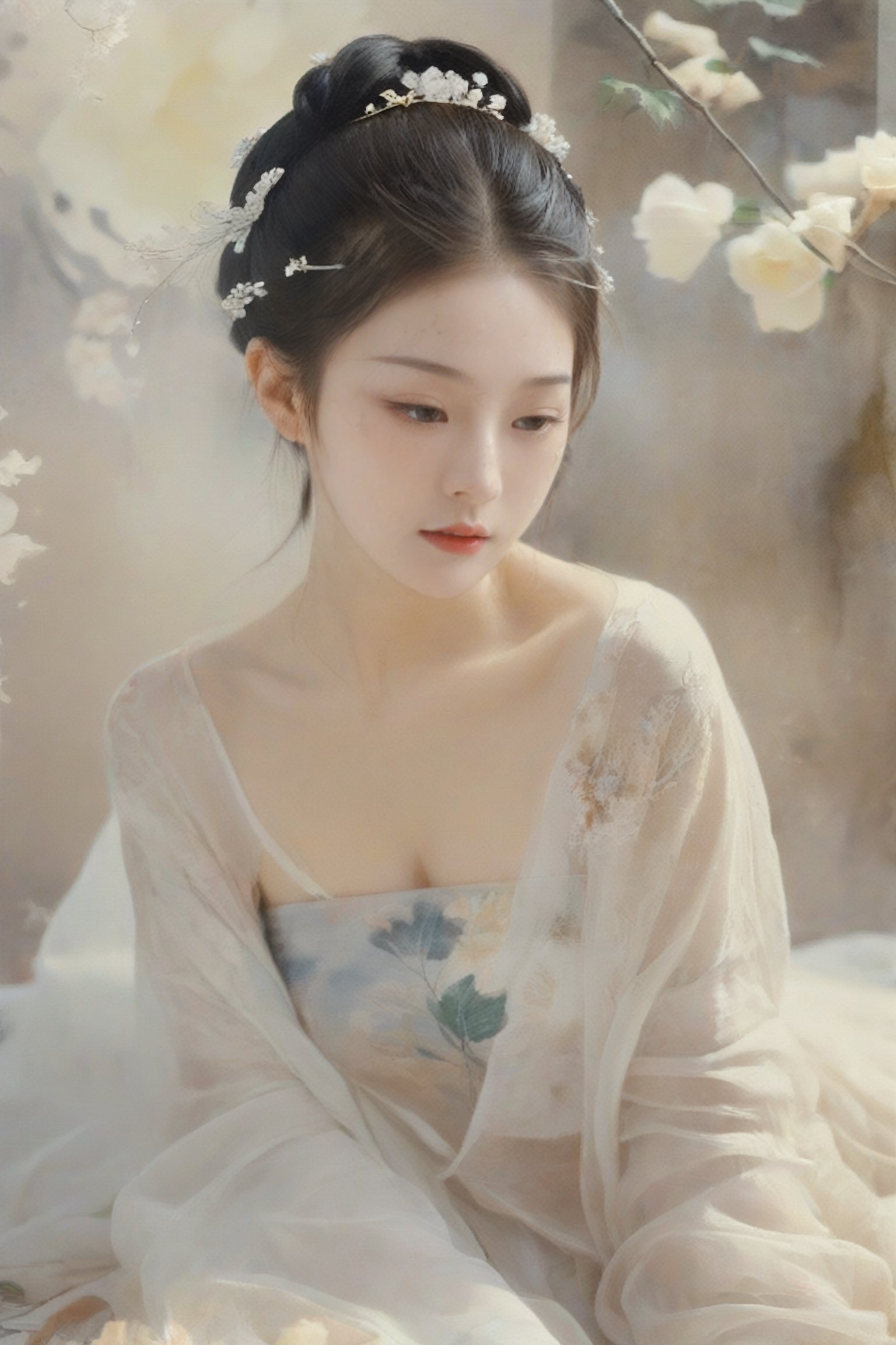 Double exposure effect and semi transparent image, portrayal of a teen girl, 18 years old from the Romance of the Tang Dynasty, (full body portrait), white see through clothes, very low cutting, can see the clavicle, Chinese bun, sexy, mountain and  tree paintings background, some white petals falling in front of girl slowly,  some white roses in front,(chinese watercolor paintings, rice paper), The ink melts,  ink spread, rough Ink strokes, mono tone, image melt 
and mix with paper texture,  cutegirlmix, face viewer, looking_at_viewer 