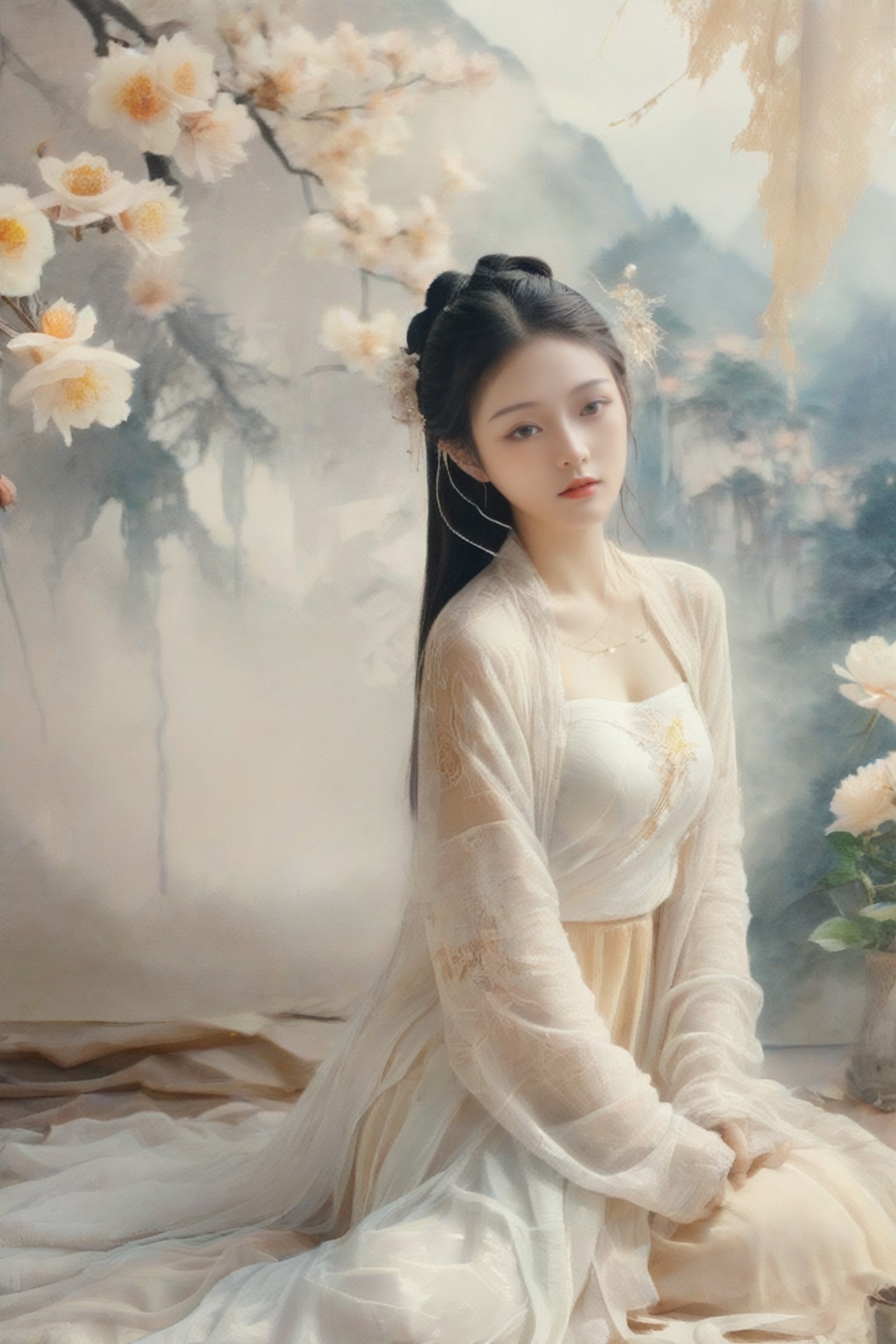 Double exposure effect and semi transparent image, portrayal of a teen girl, 18 years old from the Romance of the Tang Dynasty, (full body portrait), white see through clothes, very low cutting, can see the clavicle, Chinese bun, sexy, mountain and  tree paintings background, some white petals falling in front of girl slowly,  some white roses in front,(chinese watercolor paintings, rice paper), The ink melts,  ink spread, rough Ink strokes, mono tone, image melt 
and mix with paper texture,  cutegirlmix, face viewer, looking_at_viewer 