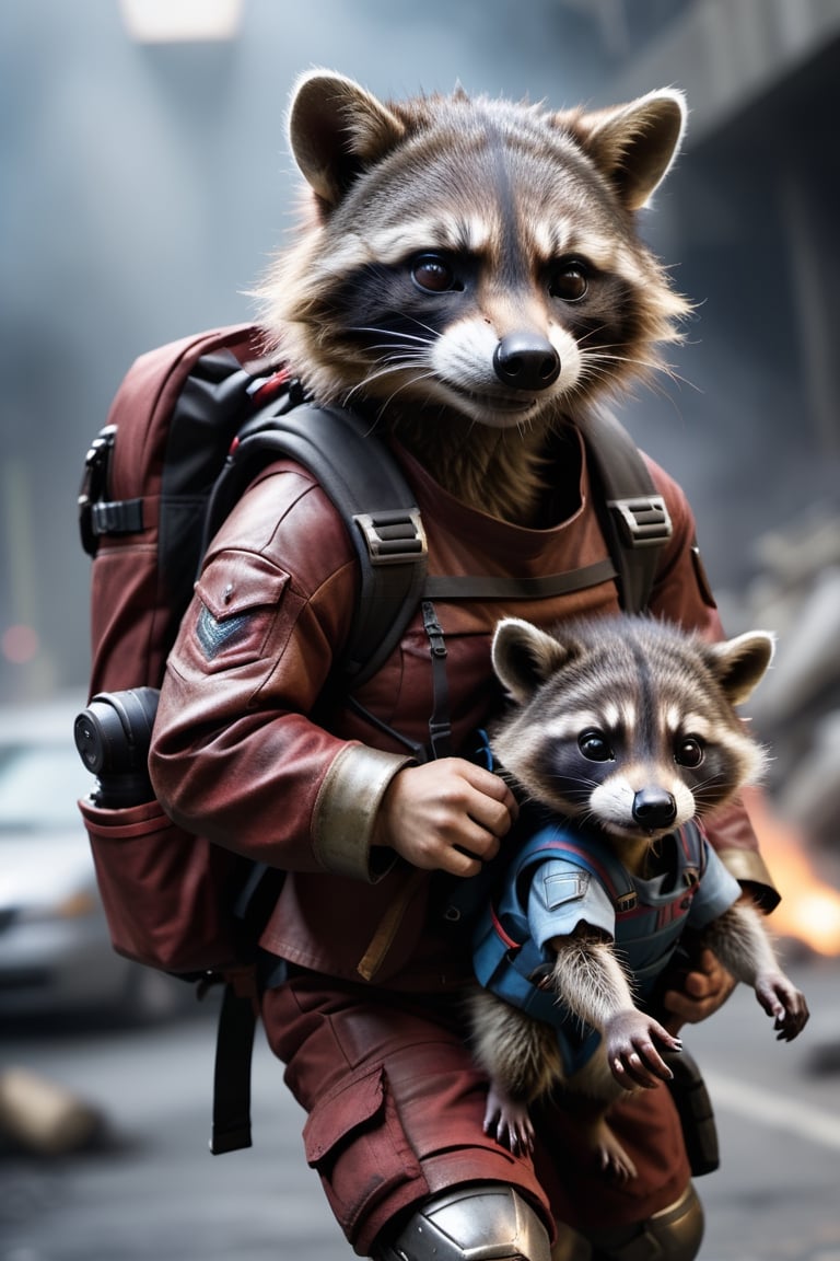  Rocket rescue babies: Guardians of the Galaxy movie role, brown color, raccoon ,  detail face and eyes, full body,  full metal gears, 8k, high resolution, photorealistic, armor, space ship background, blood, fighter, cinematic mood, pose of prepare to fight, (running  toward camera), (with weapons), (((Can see: holding two babies raccoon in backpack))),
big exposing bomb at behind, many fire, 
 very dangerous,