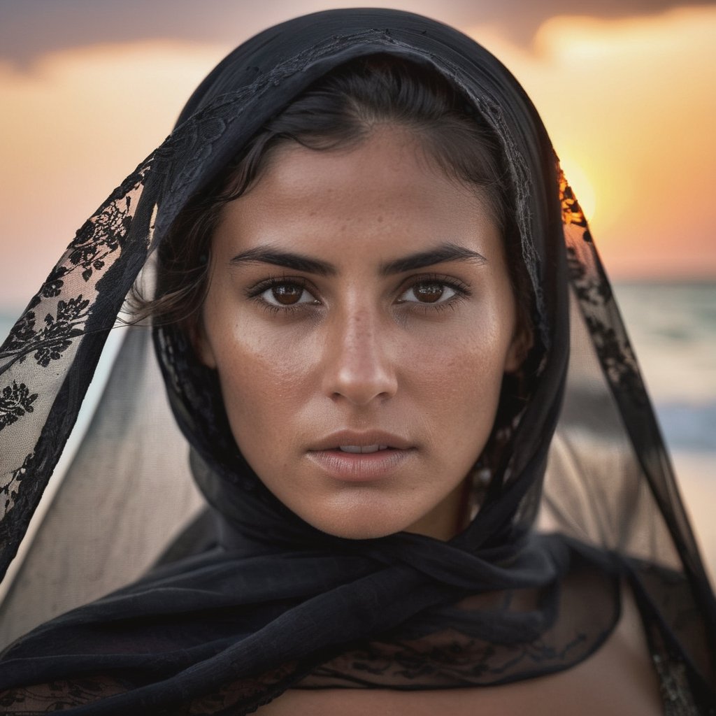 Imagine a colombian woman face angry in Hotel Tulum with a transparent black veil billowing gently in the sea breeze, she has no more clothes, only a veil.

With a Canon f 5.6 lens in hyper sharp detail, close-up, before the sunset, large pores, angry, tired eyes, many skin, soft freckles imperfections, pinterest, instagram, veil billowing on the face, transparent black veil billowing on the face, scars, reflections in the eyes, wrinkles in the skin.