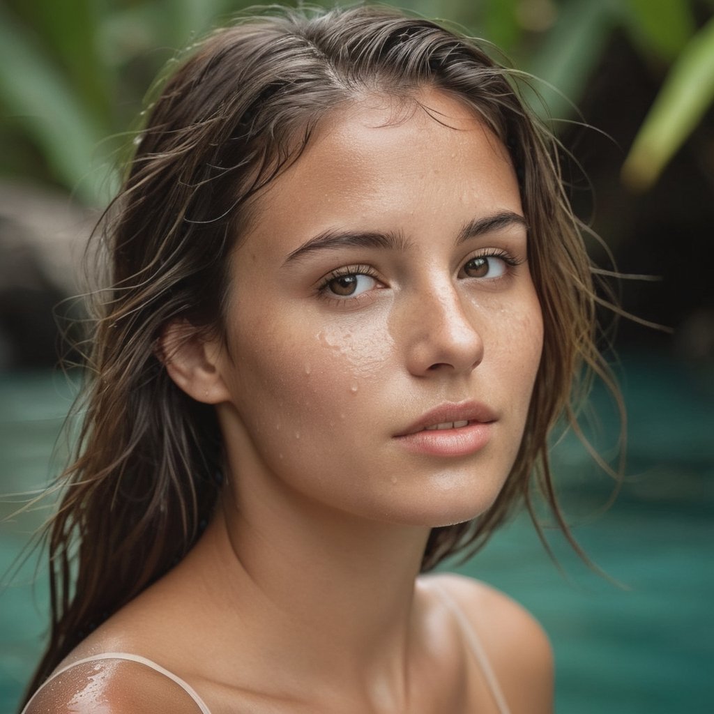 Capturing the essence of hyperdetailed photography using a Canon lens set at a striking f/1.8 aperture and a 55mm focal length the chosen perspective is a deliberately close-up plane.


In the cenote of Tulum, the freshness of the water delicately embraces the face of a model of incomparable beauty.
Half of her face is immersed in the crystalline waters while her eyes, radiant and expressive, emerge with a captivating glow. The light of the place plays in harmony with the aquatic reflections, highlighting the elegance of her profile and creating an image that combines the serenity of the natural environment with the unique grace of the model in an instant of unparalleled beauty.

The lens meticulously captures every detail: wet hair on the face, wet hair clings to her skin, delicate droplets cascade down her face, accentuating expression. 

The skin although not glossy, showcases its natural texture with tan lines. Small eyes, rich with reflections from the surroundings, reveal a depth that draws the viewer in. The play of light unveils small imperfections, freckles, and detailed pores, enhancing the raw and natural beauty of the moment.

Stripped of any adornments, without jewelry, collar, clothes, or bikini. The grainy texture of the photograph imparts an authentic, unfiltered quality -- style raw format"