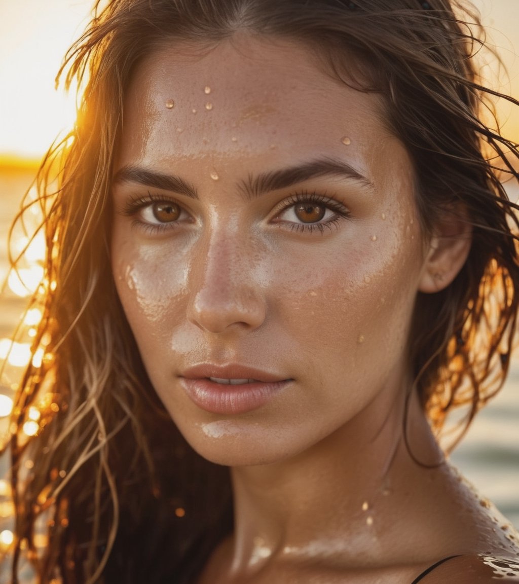 hyperdetailed photography, backlighting, golden hour, sunrise, overexposed side-angle, random-plane, grainy photo of beautiful woman model argentinian submerged in the sea water reflection in the water, wet hair, drops of water on the face, sensual expression, brown eyes, reflections in the eyes, little freckles, long eyelashes, detailed pores, tan skin, brown blonde hair, without jewelry, without collar, without clothes, without bikini, shot in tulum beach with a canon 6D lens f 0.9 camera in a raw-style format