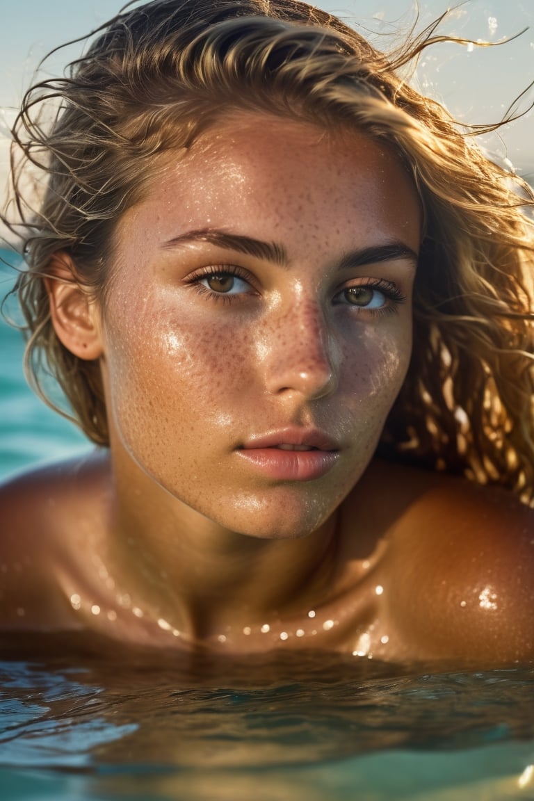 hyperdetailed photography backlighting exposed grainy low-angle photo of beautiful woman model italian submerged in the sea water, sensual expression, semi profile, little freckles, detailed pores, tan skin, brown blonde hair, without jewelry, without clothes, shot in tulum beach with a canon lens f 2.8 camera in a raw-style format