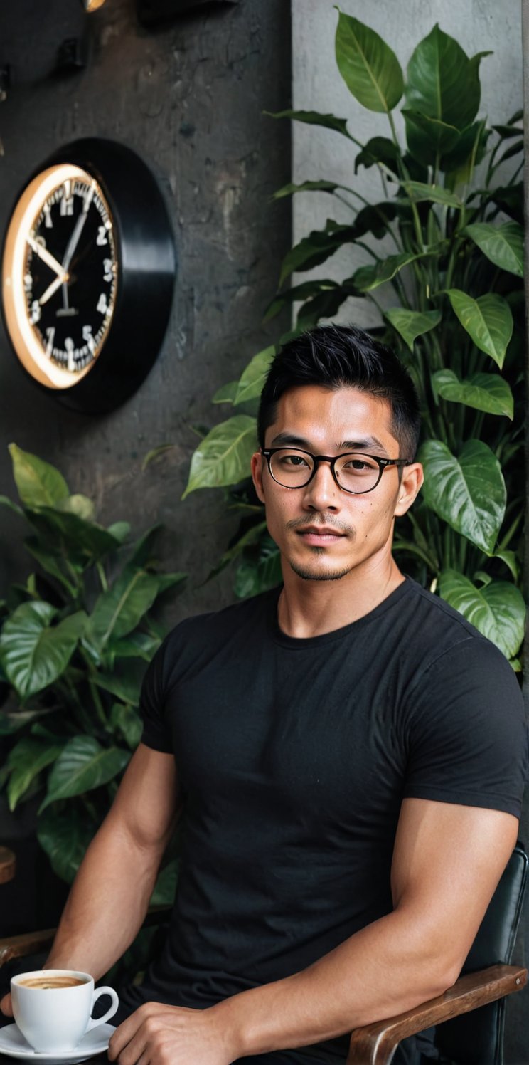 Imagine the following scene:

Realistic photograph of a coffee shop, at morning, where full of plants. Sitting on the chair ,a handsome 
 man is drinking a coffee.

The man is from China. 30 years. Very big and bright brown eyes, black-hair , full and red lips, long eyelashes, masculine. blushing cheeks. muscular, very freckled, many freckles.

The man wears a black t-shirt, undercut. The man has wearing a glasses. There is a black leather clock on his arm.

The shot is wide to capture the details of the scene. Full body shot. best quality, 8K, high resolution, masterpiece, HD, perfect proportions, perfect hands.