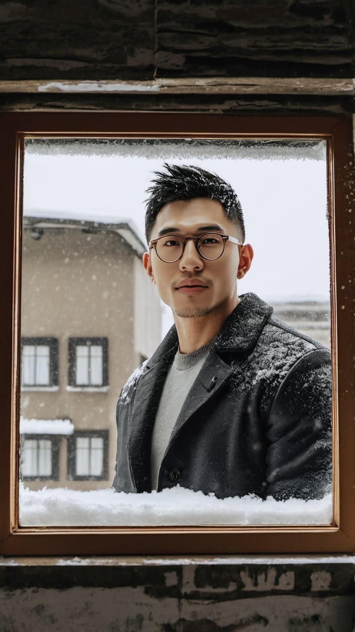 masterpiece, 1 Man, Handsome, Taiwanese ,Look at me, Brown eyes, Short hair, Oil head, glasses,bare,narrow face,Stubble, 30 years old, indoors, in a bedroom, outside of the window is a street full of snow,snow, textured skin, super detail, best quality