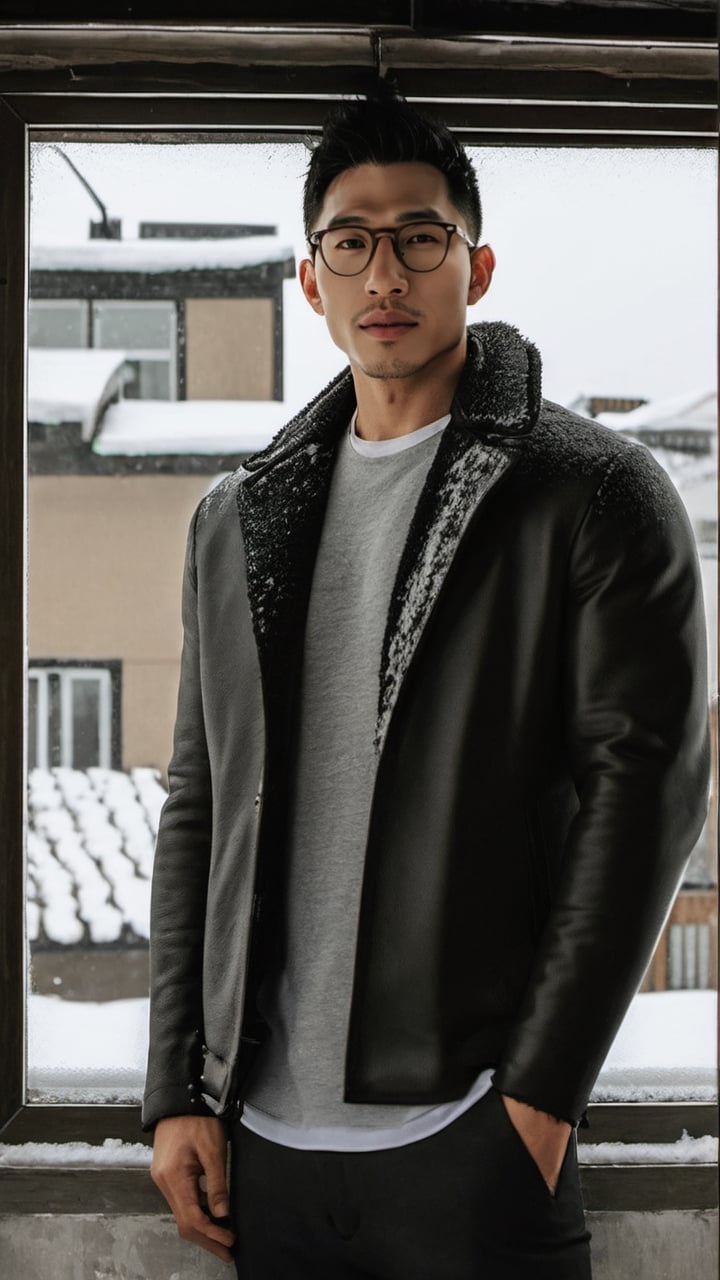 masterpiece, 1 Man, Handsome, Taiwanese ,Look at me, Brown eyes, Short hair, Oil head, glasses,black leather,bare,narrow face,Stubble, 30 years old, indoors, in a bedroom, outside of the window is a street full of snow,snow, textured skin, super detail, best quality