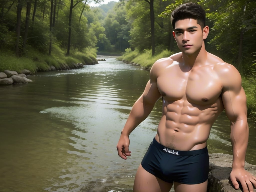 1 handsome boy standing in the stream, forest background, 8k, 1boy, full body, muscular, ((sexy bikini underwear)), bare chest, bare shoulders, big bulge, big shoulders, big traps, big arms, big chest, bubble butt, best quality,  ultra high res,  (Professional Photo:1.4), ultra realistic,  textured skin,  remarkable detailed pupils,  realistic dull skin noise,  visible skinkin detail,  skin fuzz,  dry smm, High detailed