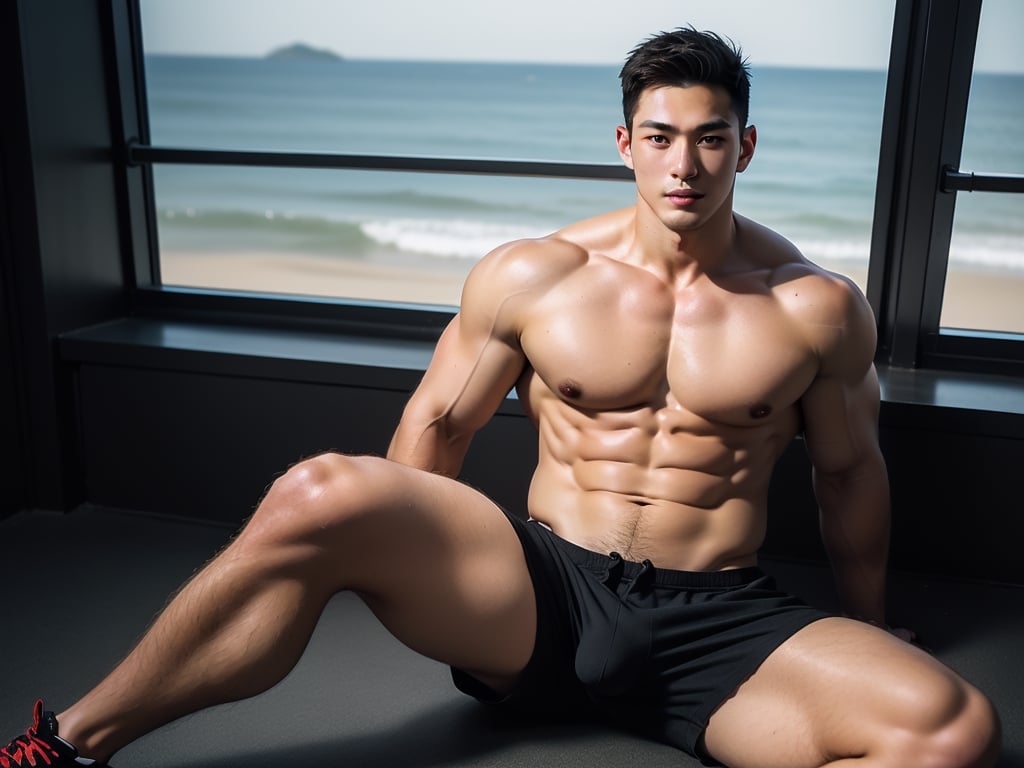 realistic photo of a muscular handsome chinese (man) sitting in the gym, crew cut, ((erotic skimpy shorts)), bare chest, big pecs, big arms, bulge,windows, oceanscape, full body, youth male, [plump],Chinese Male,handsome male