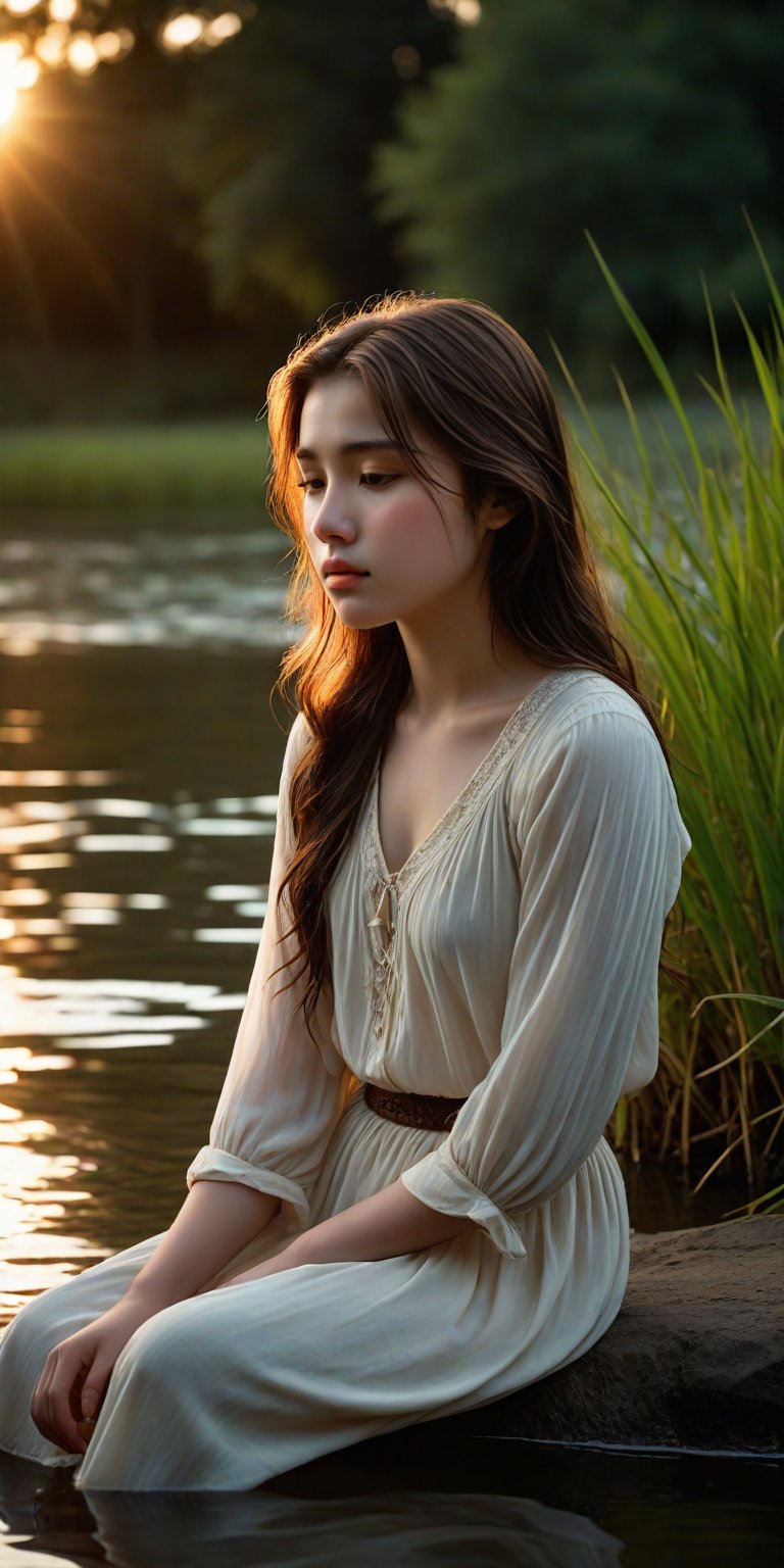 A young woman, 18yo and solo by the riverbank's soft twilight glow, sits forlornly awaiting her distant lover. Her porcelain complexion sullied by tears, her gaze drifts into the murky water as if seeking solace in its quiet depths. The setting sun casts a warm, melancholic hue upon her heartbroken face, emphasizing the sorrow etched across her features.