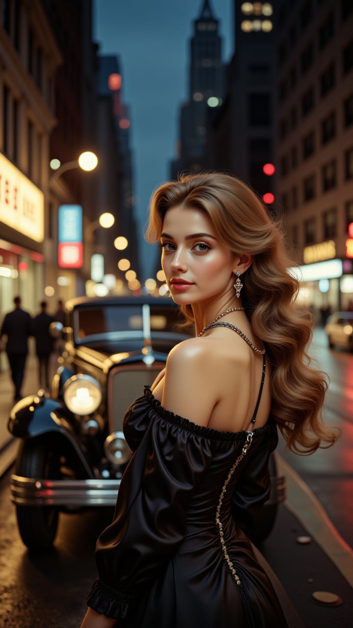 Masterpiece portrait of a stunning 19-year-old daughter of a Mafia Boss in 1934. Shot on 35mm film, she radiates elegance and beauty, with long, waving hair framing her perfect features. The gentle smile accentuates her natural beauty and perfect physique. In the foreground, a sleek 1930 Cadillac V16 Madame X Sedan Cabriolet gleams under perfect lighting, parked against the vibrant New York City street at night. Hyper-realistic details are rendered in high-definition, with 16k resolution capturing every subtle texture and nuance.