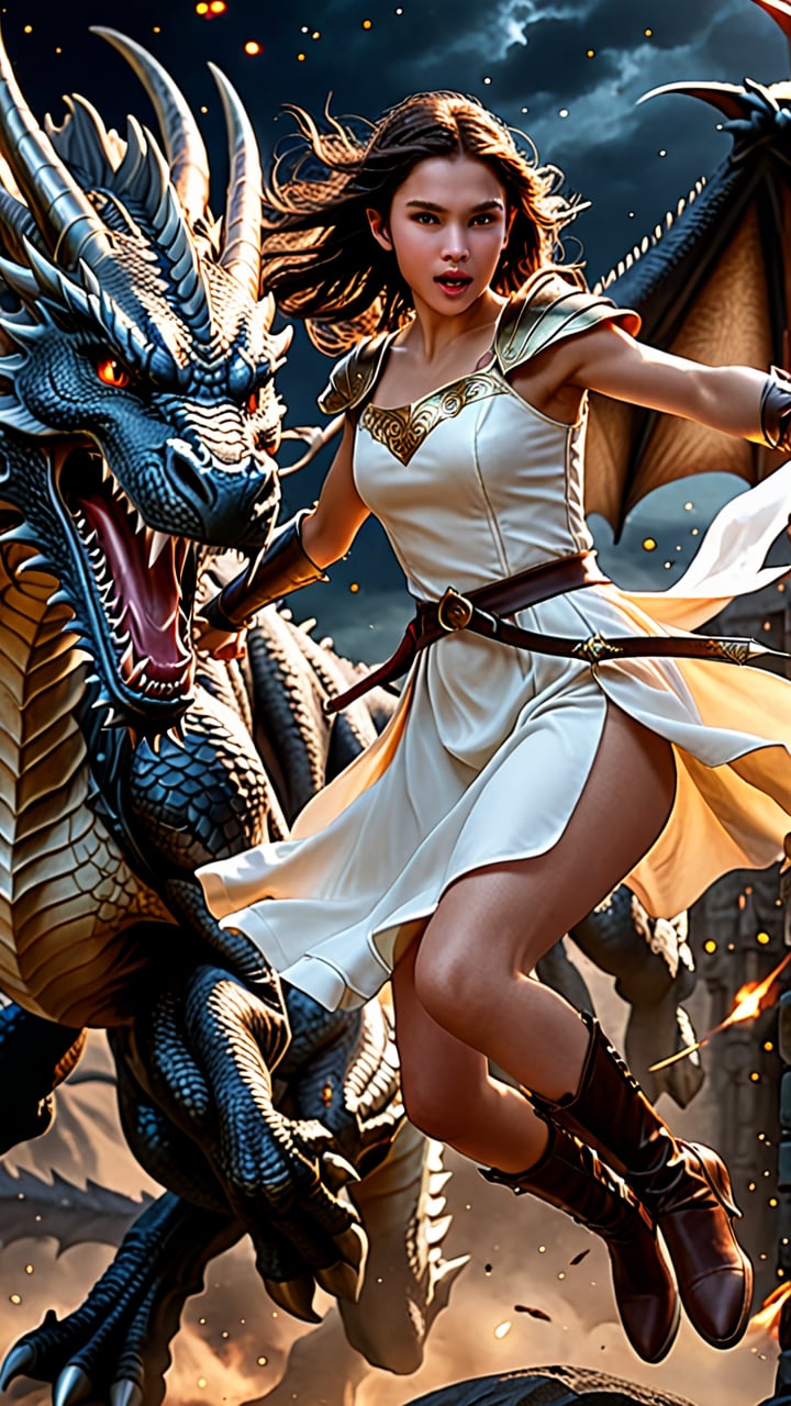 (Masterpiece, photorealistic, HD, high_resolutions, hyper_realistic, highly_detailed, 16k). A beautiful dragon hunter girl, 18 years old, white skins, dark brown long hair, light_brown_eyes, glossy_lips, perfect_body, wearing white dress, jumping in the air to attack a monsters dragon with a sword and no fear to facing the dragon. The dark night atmosphere but filled with brightly shining stars is the background for this epic battle.