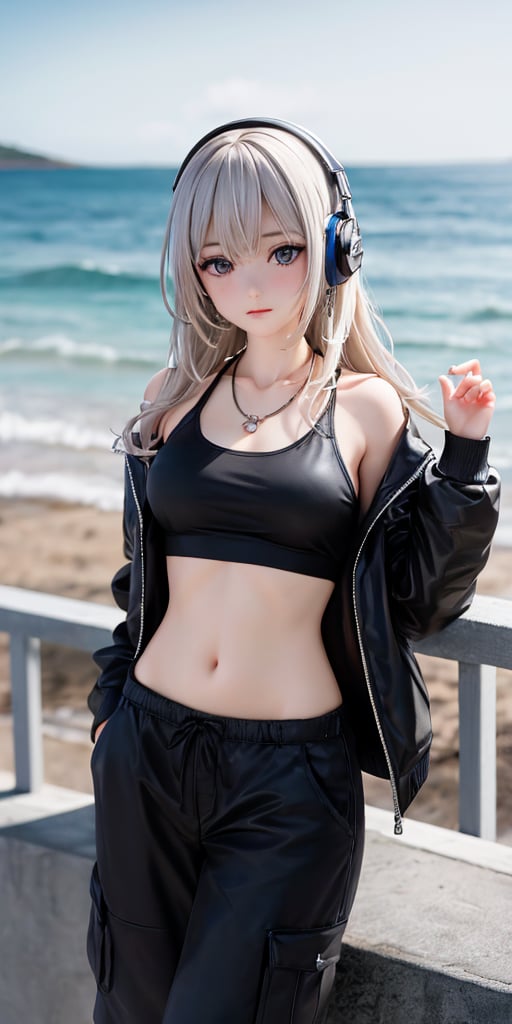 French girl,grey blonde hair(very long hair, curly_hair),hiphop dancer,wearing all black clothes (loose fit top and wide cargo pants),sneakers,headphone, sitting at sea bank,horizon,seaside,accessories(necklace,ear_rings),Best Quality, 32k, photorealistic, ultra-detailed, finely detailed, high resolution, perfect dynamic composition, beautiful detailed eyes, sharp-focus, cowboy_shot, 