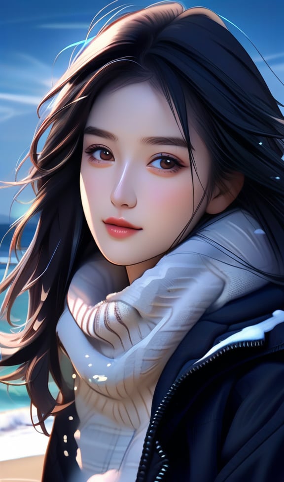 HD, 16k, masterpiece, high_resolution, realistic, 1girl, 18y.o, white_skins, long_black_hair (wave_hair), light_brown_eyes, wet_lips, winter clothes, upper_body, beautiful dramatic dark night view of beach on background, more_sharpness, more_contrast, Ultra High Definition, close up photography, focus on her beautiful face