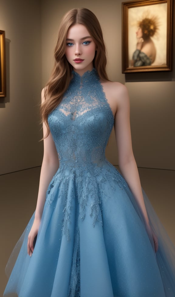 Photorealistic, HD, high_resolution, masterpiece, 8k, highly detailed, a girl, 18 y.o, long hair, light_blue_eyes, sexy_lips, full body, wearing avant-garde artistic dress, setting in a modern art gallery, highly detailed, more_contrast, more_sharpness, perfect_lighting, Ultra High Definition