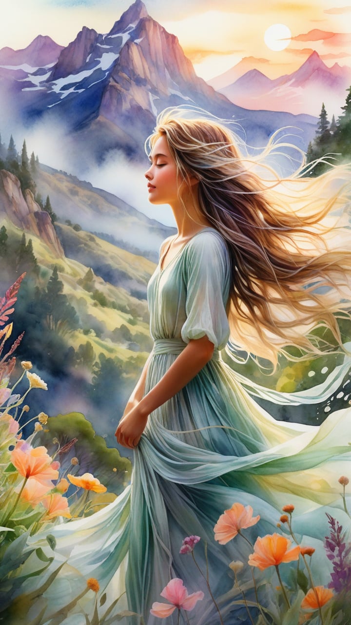 A delicate watercolor painting of a beautiful girl entranced by a radiant, set against a whimsical landscape. Softly glowing plants and misty mountains fade into the distance as the girl's flowing hair drifts lazily in an ethereal breeze. The dreamlike scene is characterized by surreal colors blending harmoniously, evoking a sense of wonder and enchantment in this fantasy-science fiction world.