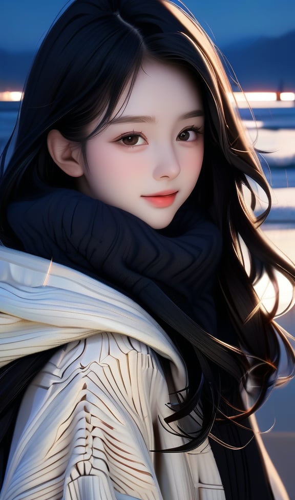 Realistic, HD, 16k, masterpiece, high_resolution, 1girl, white_skins, long_black_hair (wave_hair), light_brown_eyes, wet_lips, winter clothes, upper_body, beautiful dramatic dark night view of beach on background, more_sharpness, more_contrast, Ultra High Definition