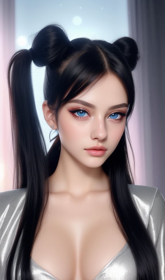 Beautiful girl. 18 y.o, She is very badass, she wears a very luxurious outfit. detailed image, detailed skin, upper body, looking at viewer, twintails cut black hair, glossy blue eyes. Wet look sexy lips, ((masterpiece: 1.2)), light particles, chromatic light particles in background