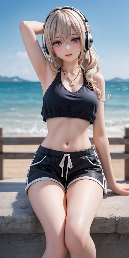 French girl with grey-blonde hair styled in loose, curly waves, sits at the edge of a serene seaside, her long legs clad in wide cargo pants and loose-fit top, both in all black. Her feet are planted firmly in sneakers, while she relaxes, headphones wrapped around her ears. A delicate necklace and earrings adorn her neck and lobes. The horizon stretches out before her, meeting the sky at a perfect 45-degree angle. Sharp focus captures every detail of her features, from the finely etched eyelashes to the sharp jawline. Dynamic composition guides the viewer's eye to hers, as she gazes out at the endless blue.