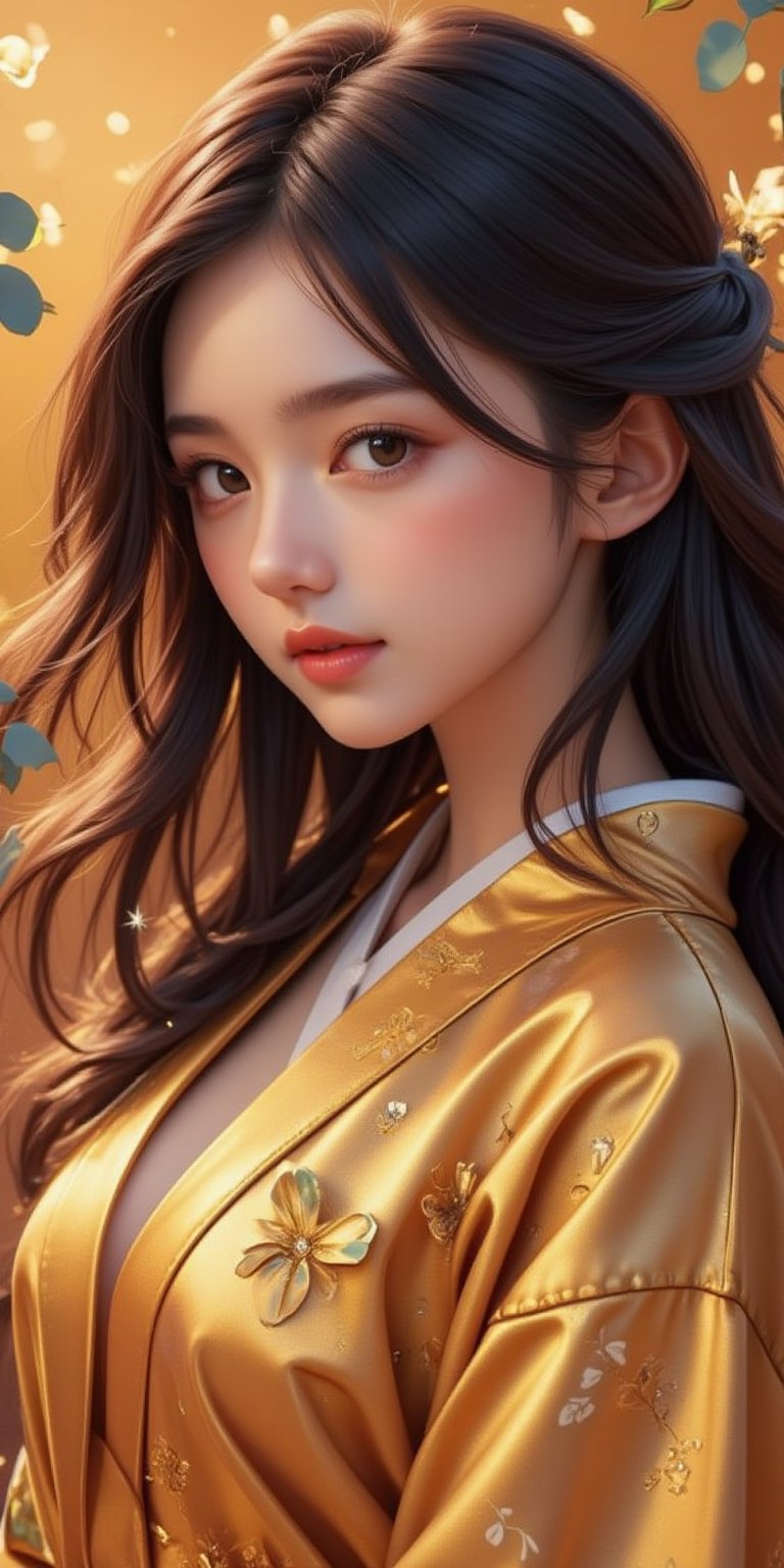 In a Kyoto Animation style anime, two stunning girls appear amidst an ethereal glow. A 16-year-old beauty with long, black hair dons a golden hooded kimono and miniskirt, exuding fantasy punk charm. Cinematic lighting casts a warm, dreamy ambiance, showcasing intricate details and rich colors. The camera zooms in on her fair skin, revealing meticulous decoration and lines that sparkle like glitter. The scene is set against a backdrop of vibrant hues, with Ultra-HD quality rendering every detail with breathtaking precision.