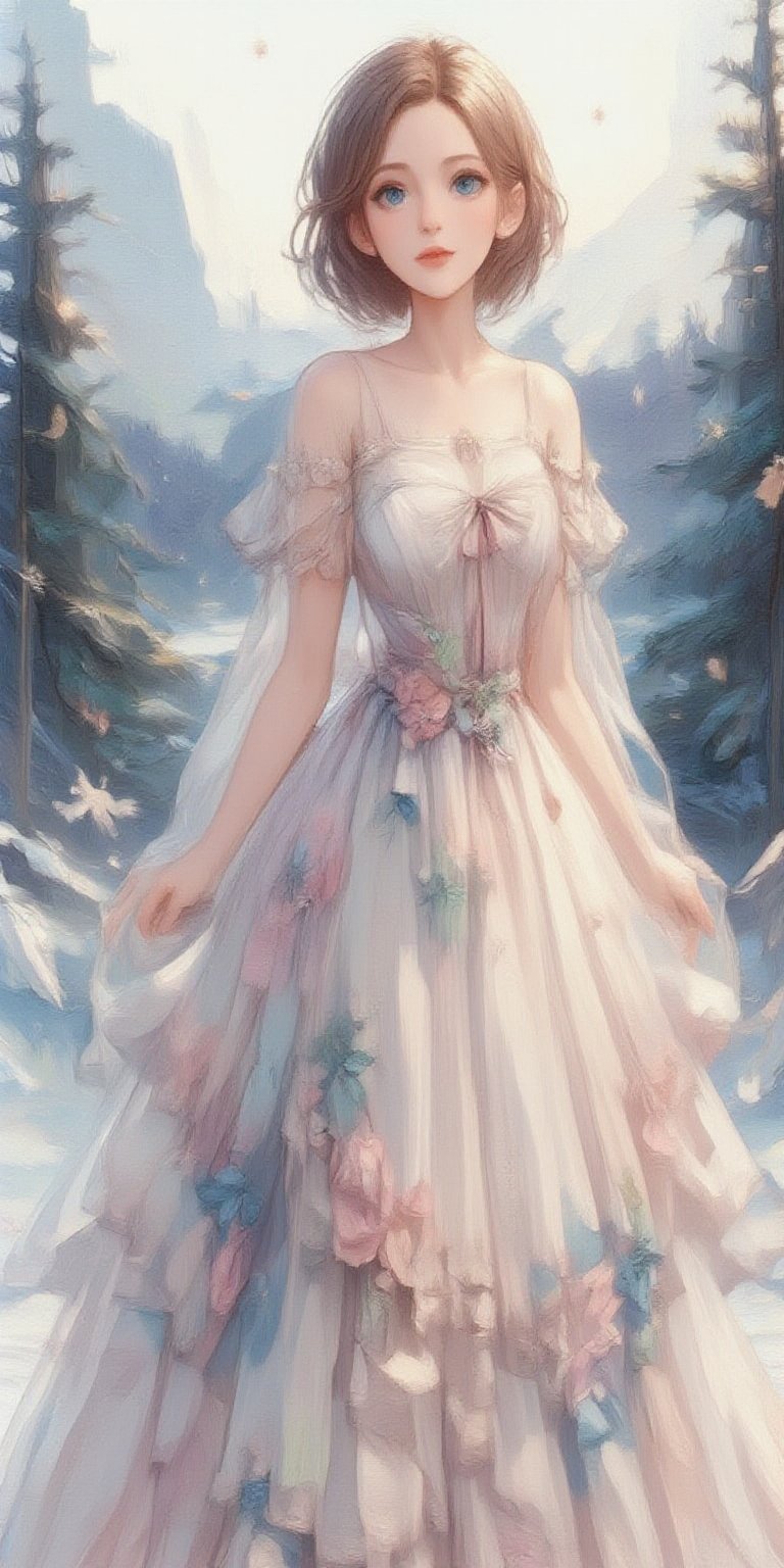 In this breathtaking oil painting on canvas, nodf_lora radiates elegance as a 18-year-old young girl stands solitary against the serene backdrop of a snow-covered winter wonderland. The soft glow of snowflakes surrounds her, highlighting the ethereal quality of her transparent dress. Her piercing light blue eyes sparkle like diamonds, drawing attention to her captivating features amidst the blurred mountains and trees in the background.