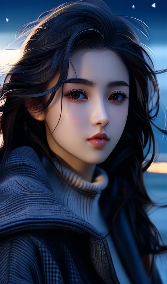 HD, 16k, masterpiece, high_resolution, realistic, 1girl, white_skins, long_black_hair (wave_hair), light_brown_eyes, wet_lips, winter clothes, upper_body, beautiful dramatic dark night view of beach on background, more_sharpness, more_contrast, Ultra High Definition, close up photography, focus on her beautiful face