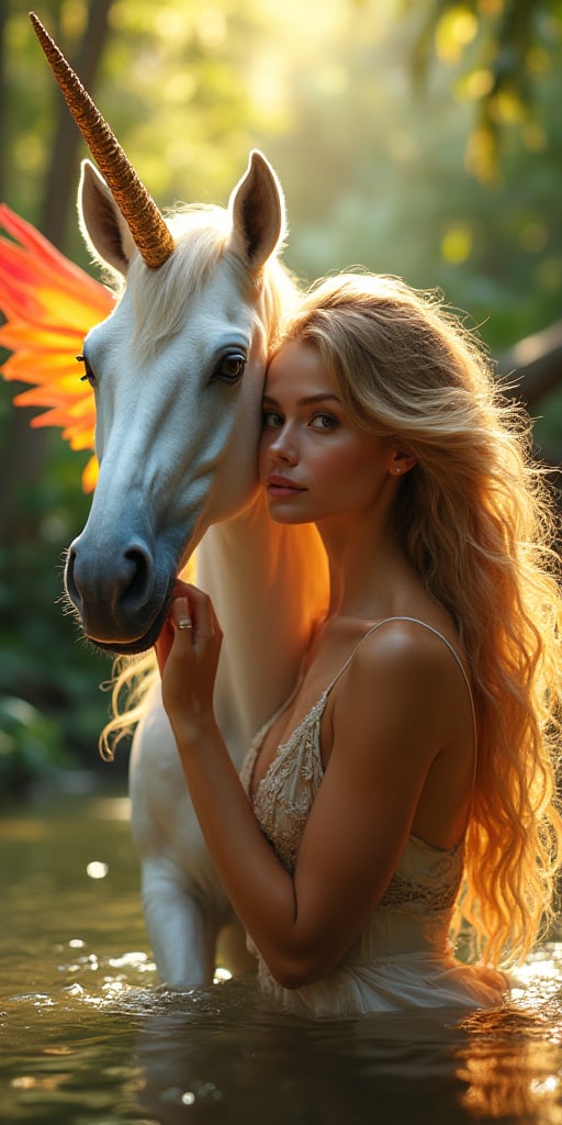 A ravishing beauty with luscious, flowing locks and captivating eyes shines beside a majestic unicorn, its vibrant wings spread wide in a serene jungle river. Soft, golden sunlight illuminates her flawless complexion, highlighting the perfect curve of her lips and the radiant glow of her skin. The unicorn's colors pop against the lush greenery, creating a stunning contrast that draws the eye.