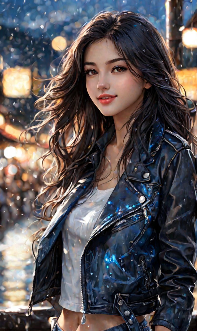 Anime, (masterpiece), (extremely intricate:1.3), (realistic), score_9, score_8_up, entered, award winning upper body digital art, (hyperelistic shadows) | 1girl, 18y.o, very beautiful, long_black_hair, light_brown_eyes, wet_sexy_lips, lovely_smile, adored, tight blue jean, open leather jacket, | city, sea, bokeh, blurred background, depth of field, Her beauty is so breathtakingly precise it seems almost heavenly