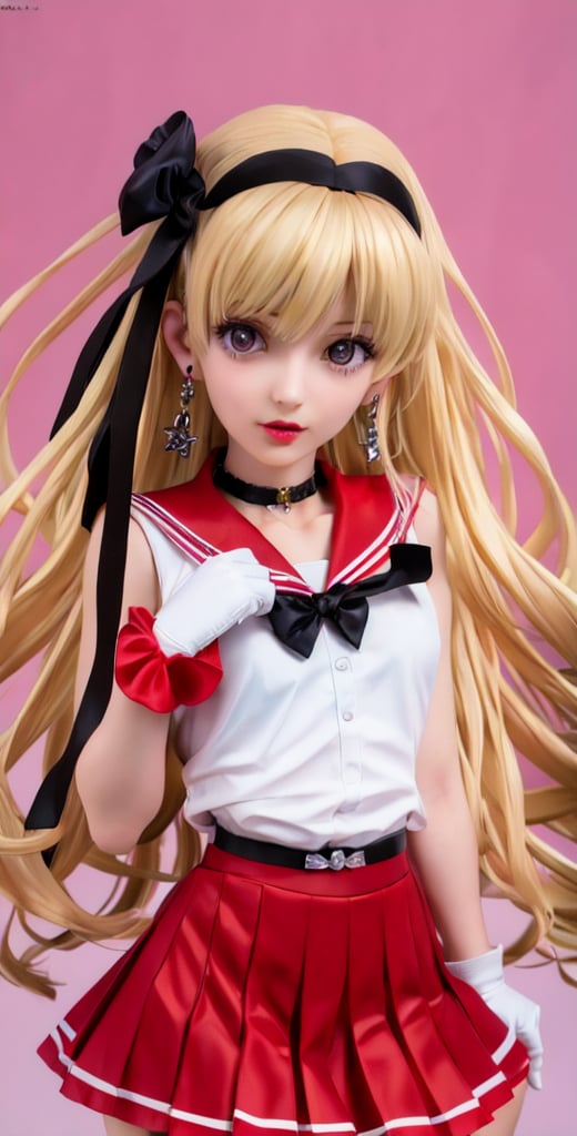 anime, 1girl, solo, long hair, looking at viewer, skirt, shirt, blond hair, gloves, bow, jewelry, closed mouth, upper body, pleated skirt, earrings, sleeveless, choker, elbow gloves, bowtie, sailor collar, star (symbol), blurry, black bow, lips, red skirt, magical girl, tiara, circlet, realistic, star earrings, sailor senshi uniform, red sailor collar, hino rei, red background, from 1985 dark fantasy film art, acid horror film directed by Ryûtarô Nakamura