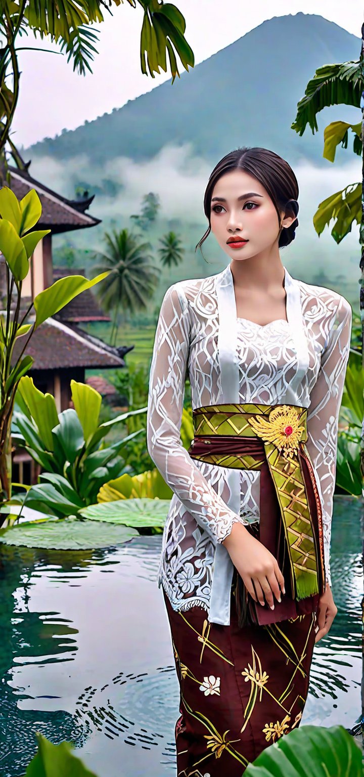 A stunning 16k masterpiece of an 18-year-old girl with tight bun hair, brown eyes, and wet lips, elegantly dressed in an Indonesian Kebaya, gazes directly at the camera. Set against a mystical Central Java landscape, she stands in a traditional village, surrounded by softly glowing plants and misty mountains that fade into the distance. The surreal colors blend harmoniously, casting a dreamlike ambiance.