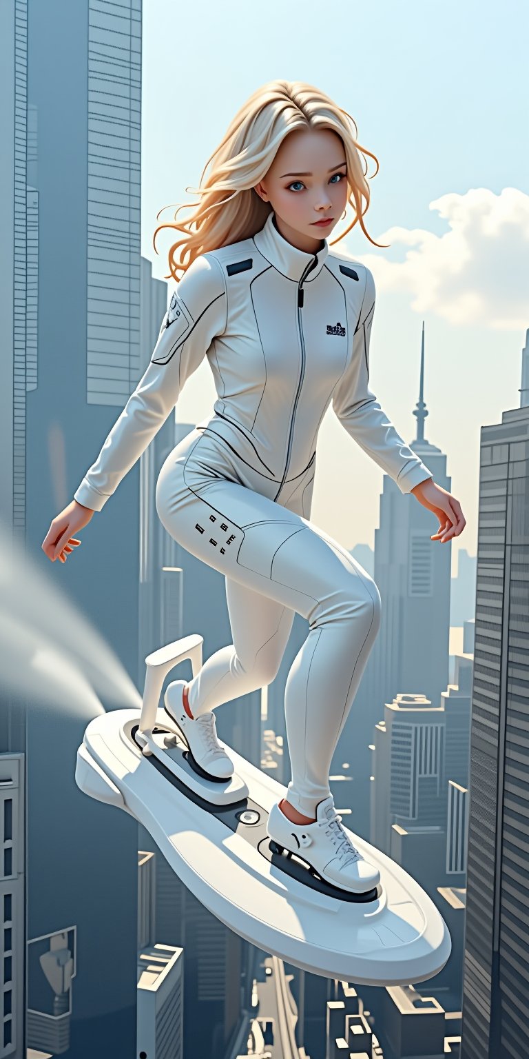 (Masterpiece, photorealistic, HD, high_resolutions, hyper_realistic, highly_detailed, 16k, perfect_lighting, more sharpness, more contrast, more brightness, more detailed). In a futuristic scene : a beautiful girl, 16yo, white skins, blue eyes, glossy lips, blonde hair, wearing a hi-tech suit, riding a futuristic flying board, she is flying on the air, past across the buildings and skyscrapers in a modern and futuristic city.