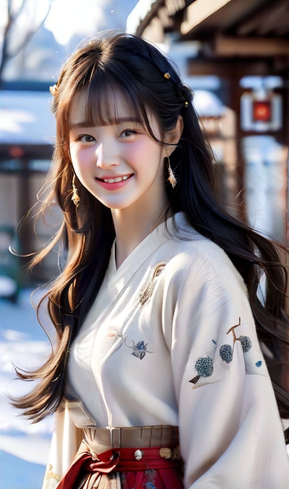 Photorealiatic, Masterpiece, HD, 8k, high_resolution, best_quality, 1girl, 18y.o, Beautiful and delicate light, (beautiful and delicate eyes), pale skin, big smile, (brown eyes), (black long hair), dreamy, medium chest, woman 1, (front shot), Korean girl, bangs, soft expression, height 170, elegance, bright smile, 8k art photo, realistic concept art, realistic, portrait, necklace, small earrings, handbag, fantasy, jewelry, shyness, skirt, winter parka, scarf, snowy street, footprints, perfect ligjting, more_realistic, Ultra High Definition,Geuliss