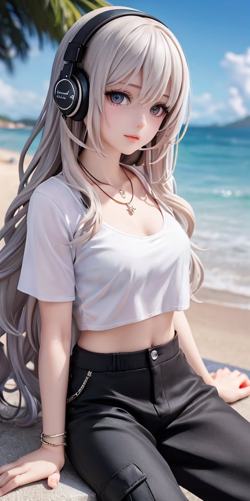 French girl,grey blonde hair(very long hair, curly_hair),hiphop dancer,wearing all black clothes (loose fit top and wide cargo pants),sneakers,headphone, sitting at sea bank,horizon,seaside,accessories(necklace,ear_rings),Best Quality, 32k, photorealistic, ultra-detailed, finely detailed, high resolution, perfect dynamic composition, beautiful detailed eyes, sharp-focus, cowboy_shot, 