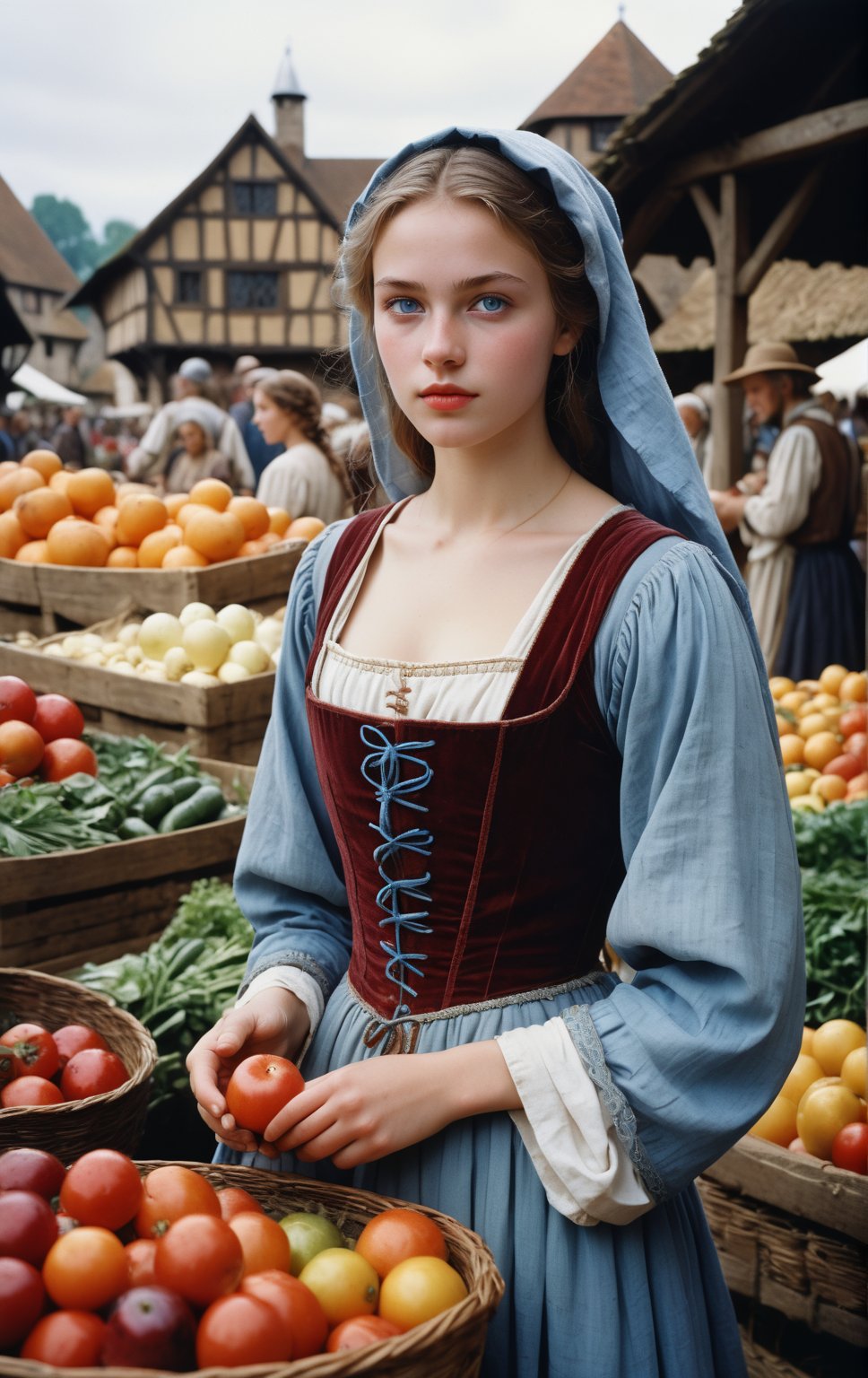 35mm film photography captures a very beautiful 18 years old medieval girl in traditional dress, natural beauty, light_blue_eyes, wet_lips, medium_breasts, vegetables and fruits, at a farmer's market, mysterious athmosfer medieval, masterpiece, High detailed, CrclWc, Detail, Half-timbered Construction, INK art, watercolor