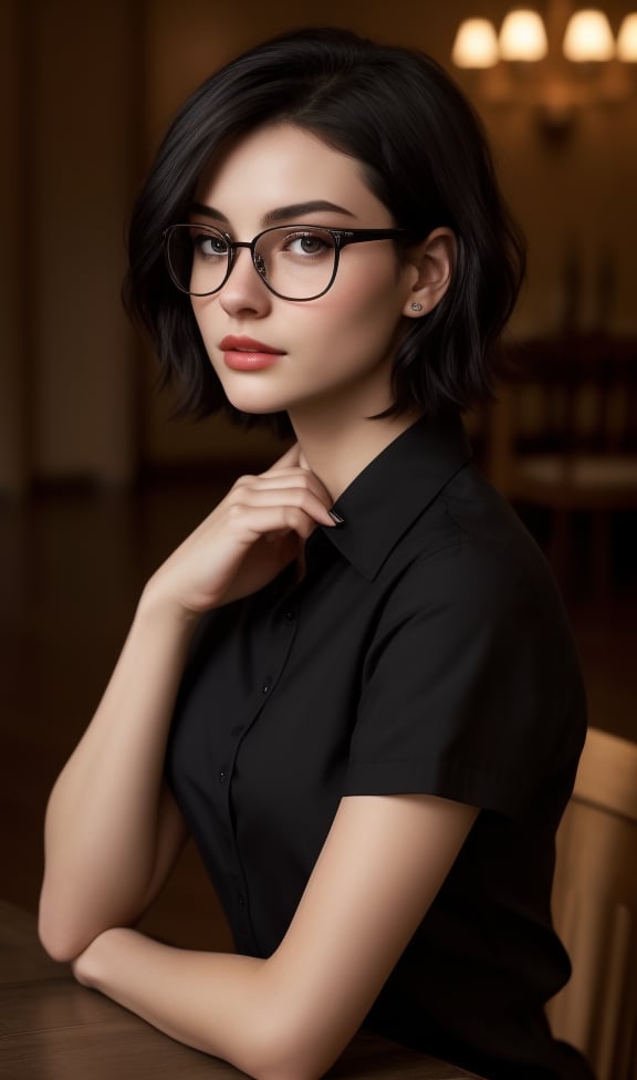 A young woman sits alone in a dimly lit indoor setting, her piercing black eyes fixed intently on the viewer. Her short, dark hair is styled neatly, and she wears a black shirt with short sleeves. A pair of glasses perches on the end of her nose. In one hand, she cradles a cup, while her other hand holds a gun, its presence adding an air of tension to the scene. The table before her features a drinking glass, the only other item in sight. Her full lips are set in a firm line, as if she's deep in thought or contemplating her next move.