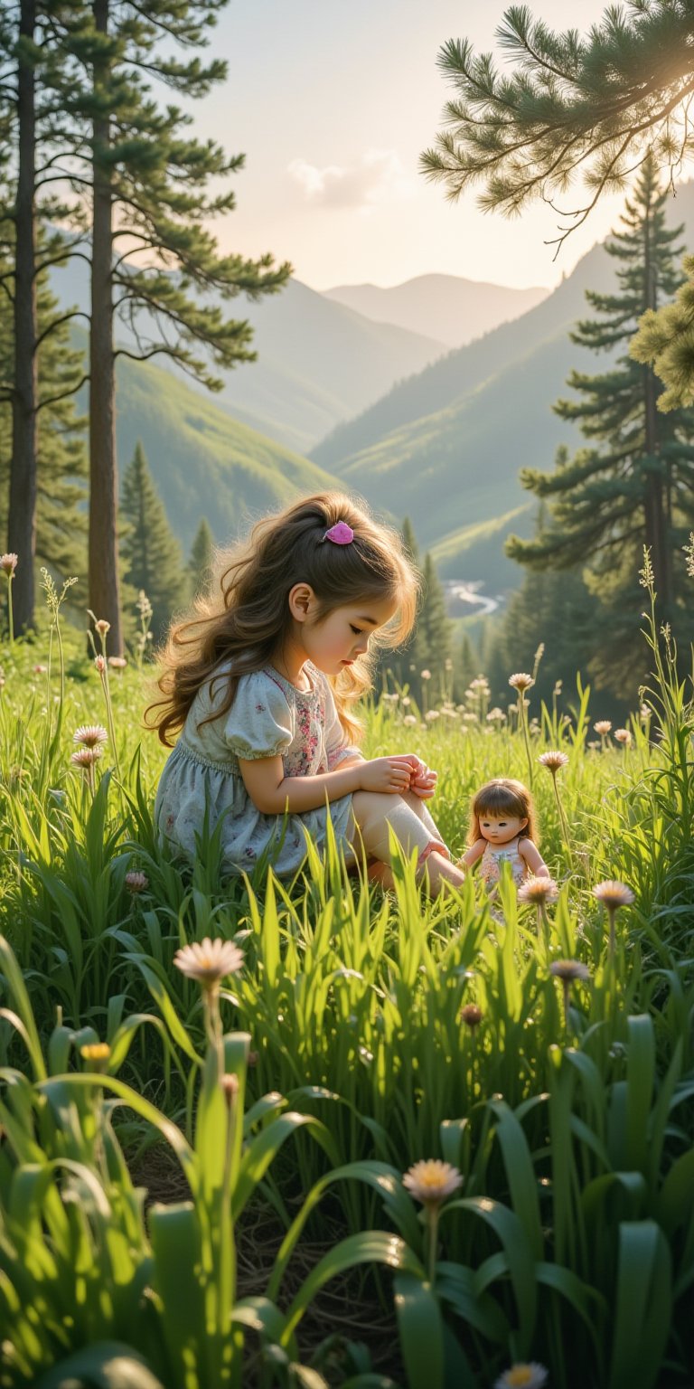 Captivating scene of a young girl surrounded by lush green high grass, her petite frame amidst the verdant landscape as she plays with dolls. Framed by a serene expanse of hills and valleys, punctuated by stately pine trees, the setting sun casts a warm glow. The dew-kissed blades of grass glisten in harmony with the gentle rustle of leaves.