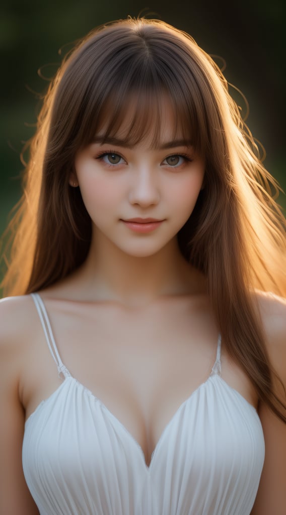 (RAW photo, Photorealistic, hyper_realistic, realistic_pictures, HD, high_resolution, 16k, best_quality, score_9, Ultra High Definition, perfect light), photoshot of a young girl, 18 years old, standing, outdoors, exuding an angelic beauty and innocence. Her sensual expression is captivating, with large mysterious eyes that seem to glow in the light. Her perfect body is framed by see-through simple dress that showcases a whole her beautiful body. She looks directly at the viewer with a subtle smile, her closed mouth adding to the enigmatic allure. Long hair falls around her face, partially obscured by bangs.