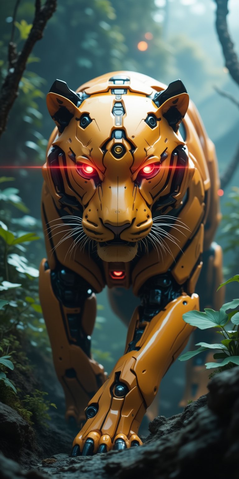 A majestic robotic tiger emerges from the misty forest depths, its sleek, metallic body radiating an otherworldly sheen in hues of golden orange, reminiscent of a tiger's natural coat. The eyes, two gleaming orbs of intense red light, seem to pierce through the dense foliage, imbuing the scene with an air of futuristic mystique. Framed vertically, the robotic predator dominates the composition, its imposing presence juxtaposed against the softly blurred organic surroundings, evoking a sense of technological wonder in harmony with nature's tranquility.