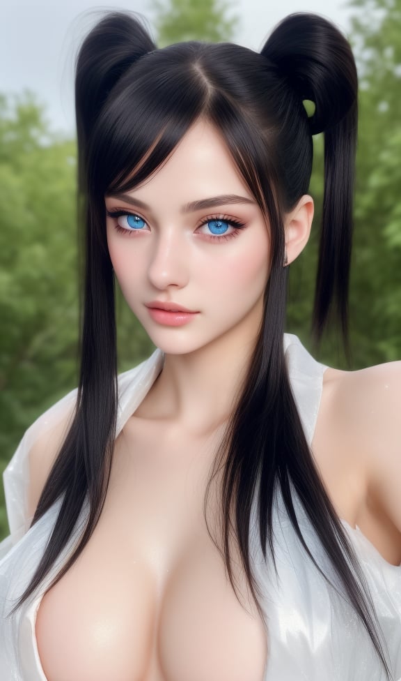 Beautiful girl. 18 y.o, She is very badass, she wears a very luxurious outfit. detailed image, detailed skin, upper body, looking at viewer, twintails cut black hair, glossy blue eyes. Wet look sexy lips, ((masterpiece: 1.2)), light particles, light particles in background